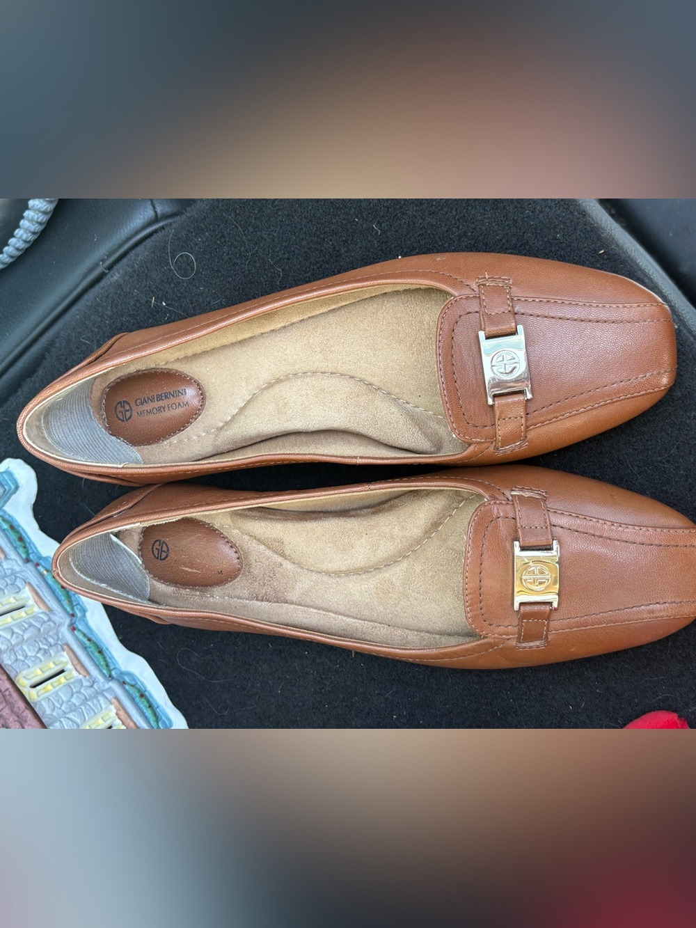 Giani Bernini Cognac Brown Leather Slip-On Loafers with Gold Accent